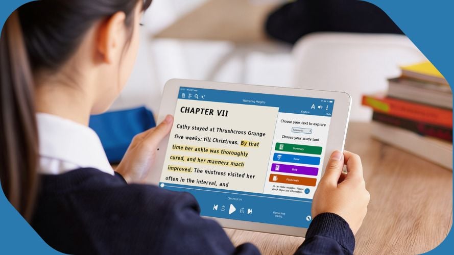 New EasyReader Education Explore Tools for reading and revision, being used by a GCSE student on an iPad